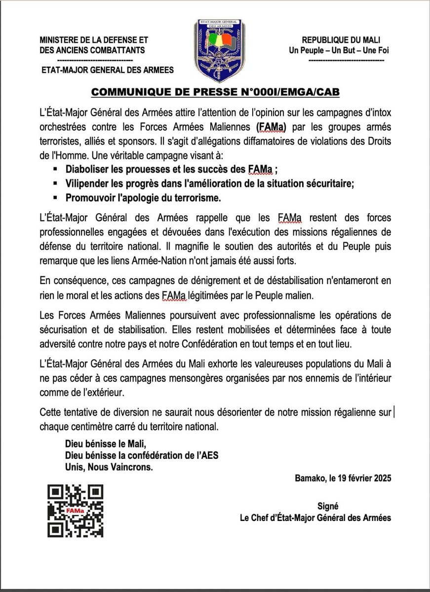 L'armée malienne met en garde contre des campagnes d'intox visant à diaboliser ses succès