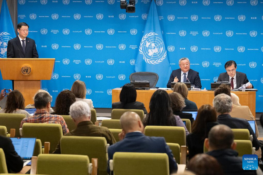 Fu Cong (2nd R, rear), China's permanent representative to the United Nations, briefs reporters on the program of work of the Security Council for the month at the UN headquarters in New York, Feb. 3, 2025. While assuming the rotating presidency of the United Nations Security Council for February, China will work on the priorities of reaffirming member states' commitment to multilateralism and enhancing global governance, the Chinese envoy said Monday. (Manuel Elias/UN Photo/Handout via Xinhua)