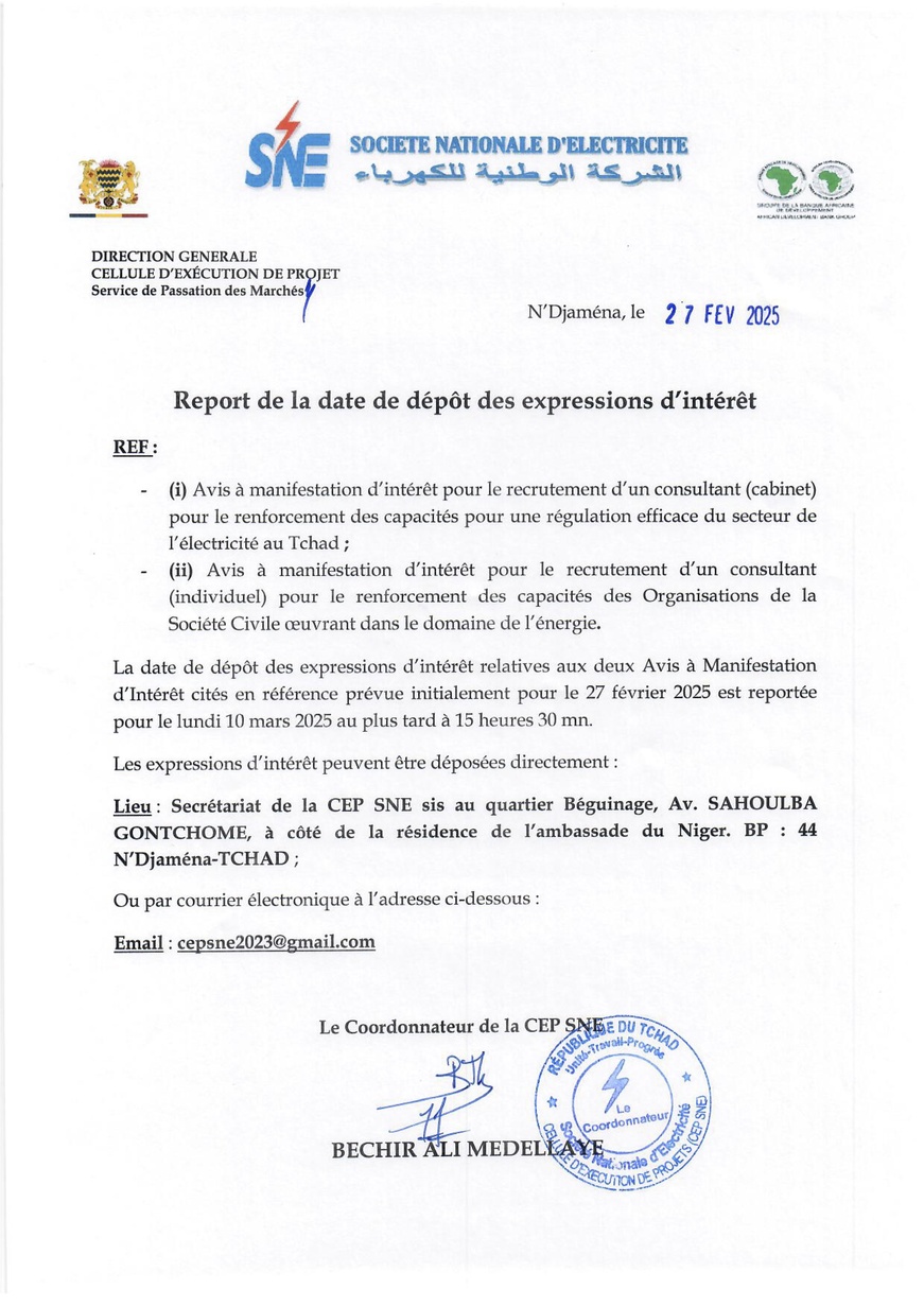 Tchad : Report de la date de dépôt des expressions d'intérêts par la CEP-SNE jusqu'au 10 mars 2025