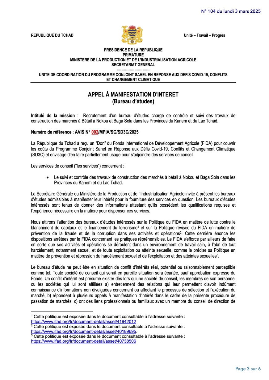 Tchad : Avis (AMI n°002) portant sur le contrôle et le suivi de travaux de construction des marchés de bétail à Nokou (SD3C)