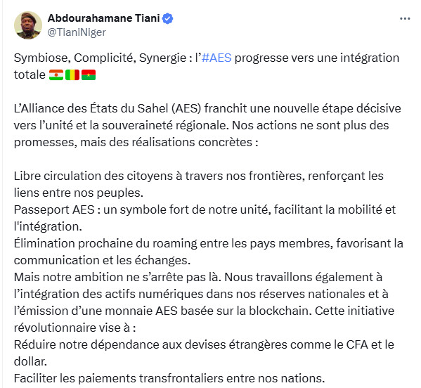 AES : Le Président du Niger se félicite des progrés