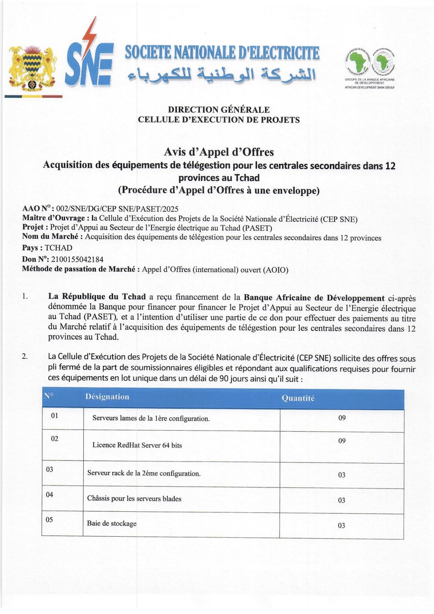 Tchad : Avis d'Appel d'Offres portant sur l'acquisition des équipements de télégestion pour des centrales secondaires (CEP-SNE)