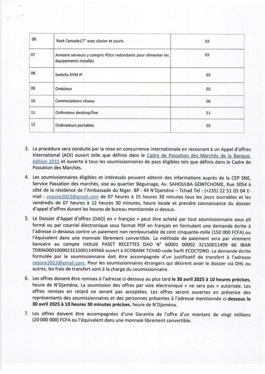 Tchad : Avis d'Appel d'Offres portant sur l'acquisition des équipements de télégestion pour des centrales secondaires (CEP-SNE)