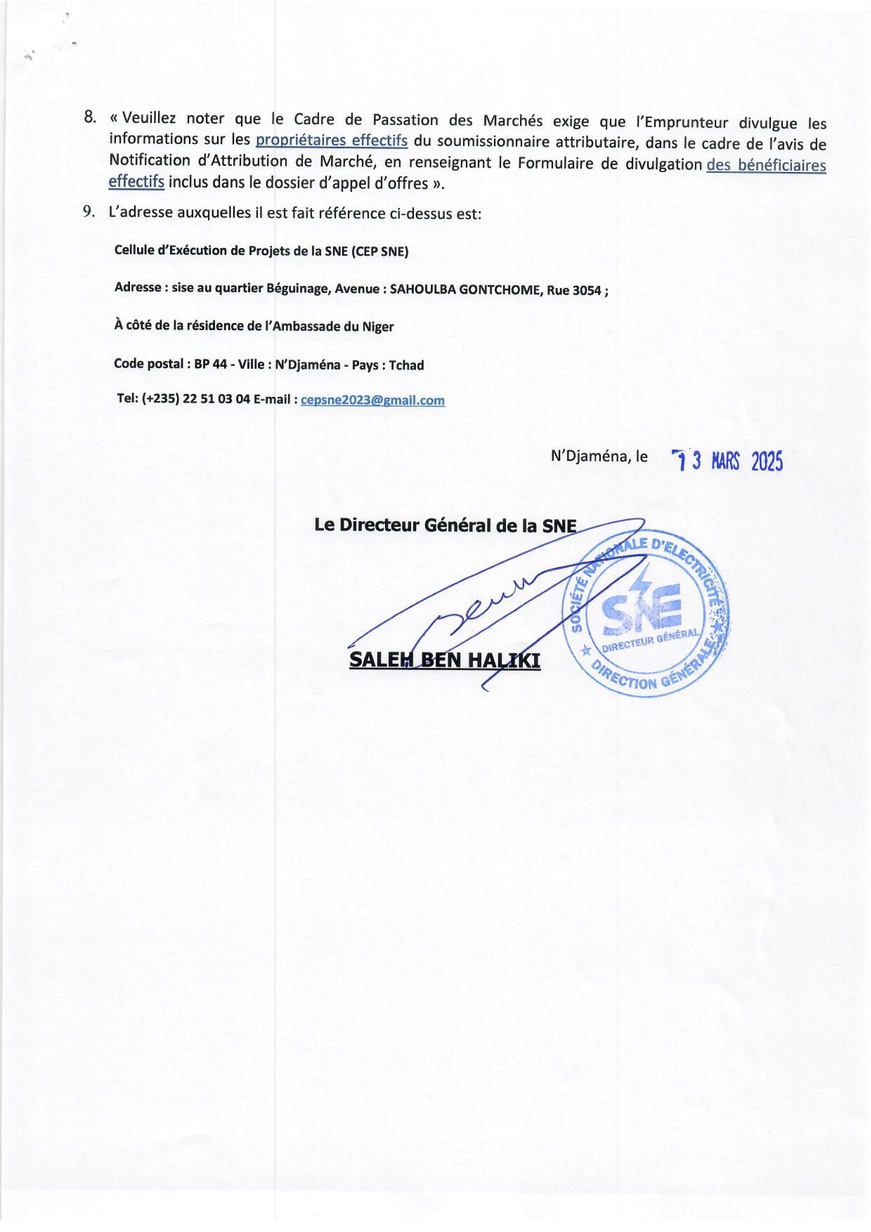 Tchad : Avis d'Appel d'Offres portant sur l'acquisition des équipements de télégestion pour des centrales secondaires (CEP-SNE)