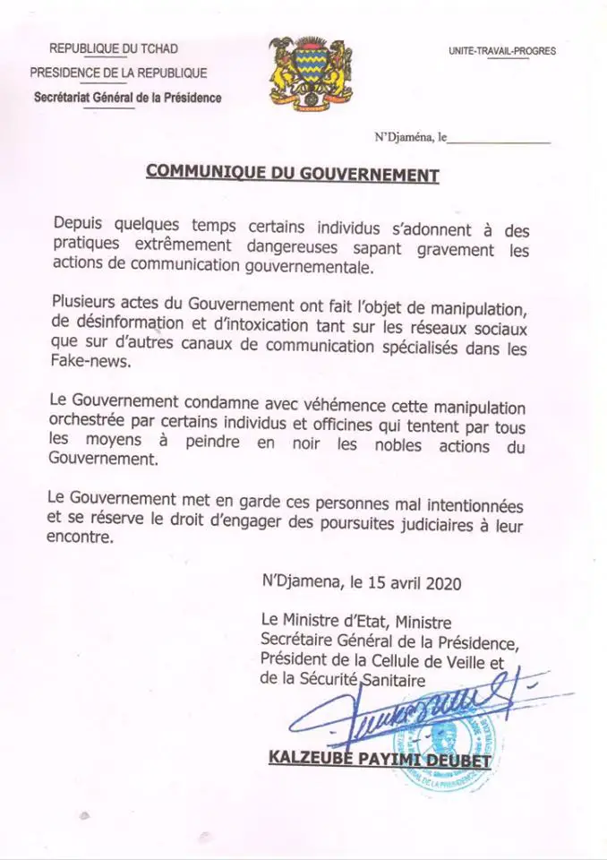 Tchad : le Gouvernement met en garde contre des manipulations