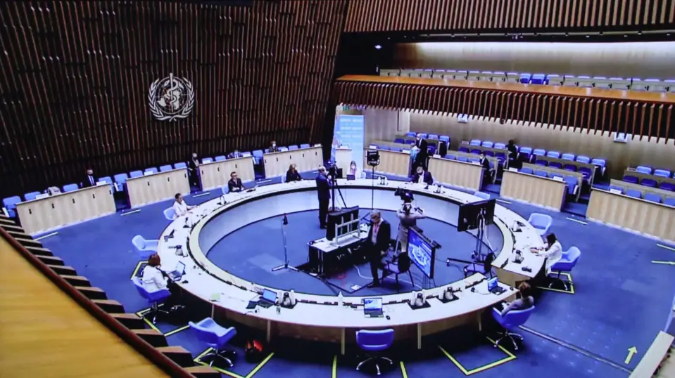 Photo taken on May 24, 2021, shows the live stream of the 74th World Health Assembly (WHA) held at the headquarters of the World Health Organization in Geneva, Switzerland. (Photo/Xinhua)