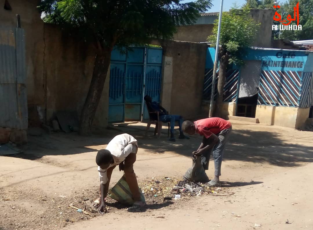 Des enfants ramassent des déchets à N'Djamena. © Yana Abdoulaye/Alwihda Info