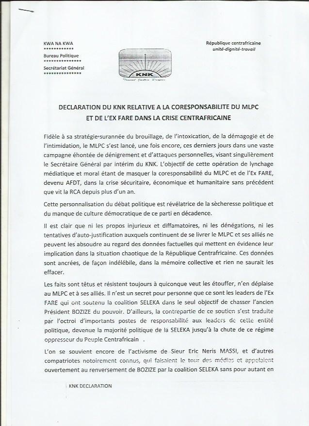 Centrafrique : Le Kwa Na Kwa désigne coresponsables le MPLC et l'ex-FARE de la crise