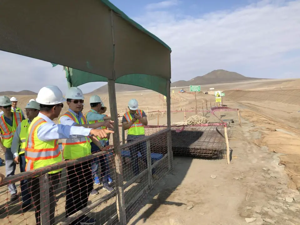 Chinese Ambassador to Peru Liang Yu goes on an inspection tour to the construction site of the Chancay terminal to the north of Peru's capital Lima, March 8, 2020. The terminal is constructed by Chinese company COSCO Shipping Ports. (Photo courtesy of the Chinese Embassy in Peru)