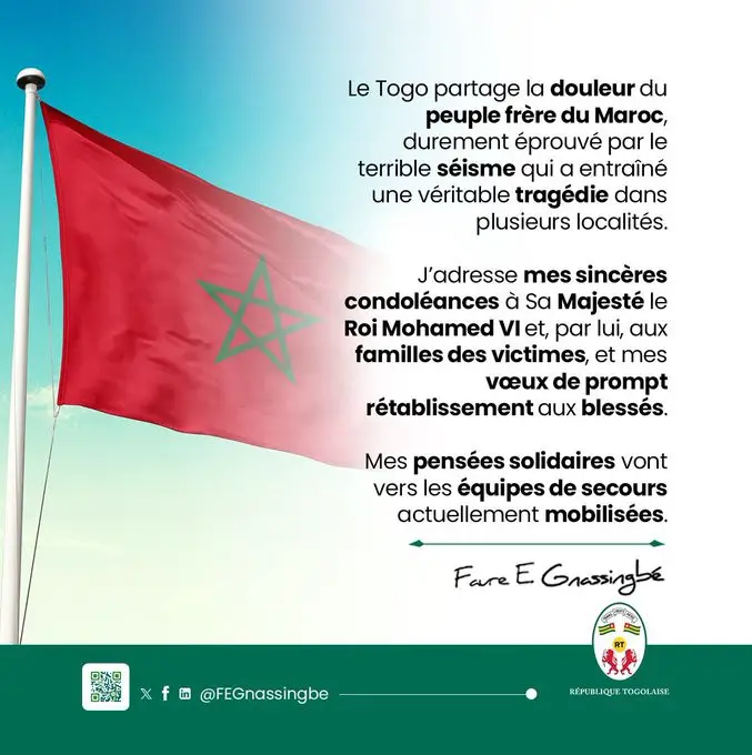 Séisme au Maroc : Le Togo partage la douleur du peuple frère du Maroc