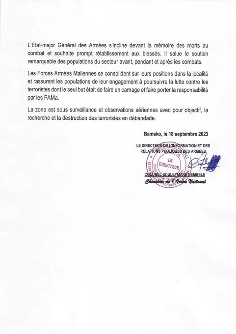 Mali / Attaque terroriste à Léré : Cinq militaires tués et 20 autres blessés (Ministère de la Défense)