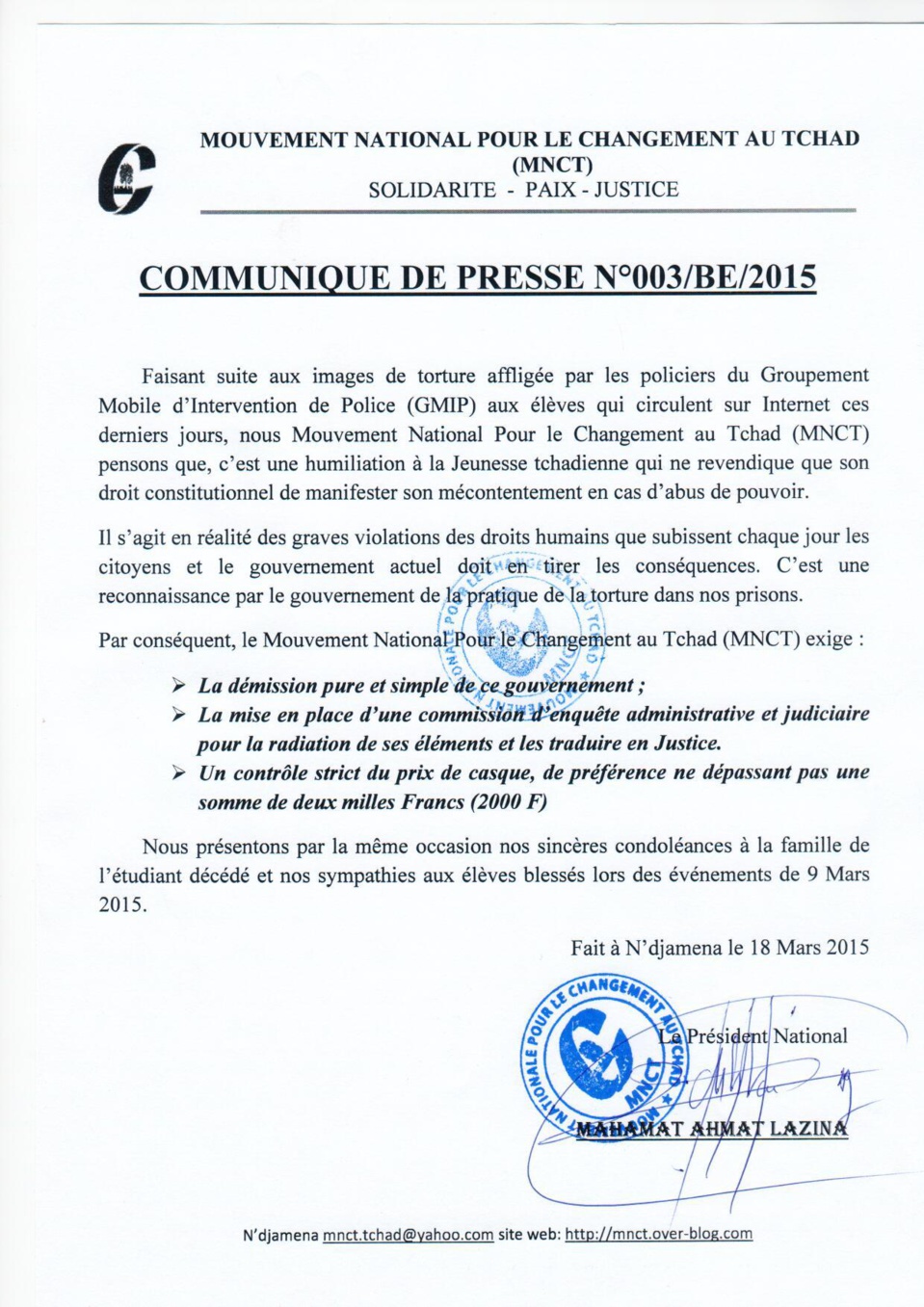 Tchad : Le MNCT demande la démission du gouvernement