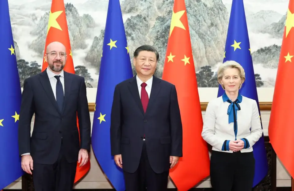 Chinese President Xi Jinping meets with President of the European Council Charles Michel and President of the European Commission Ursula von der Leyen, who are in China for the 24th China-EU Summit, at the Diaoyutai State Guesthouse in Beijing, capital of China, Dec. 7, 2023. (Xinhua/Huang Jingwen)