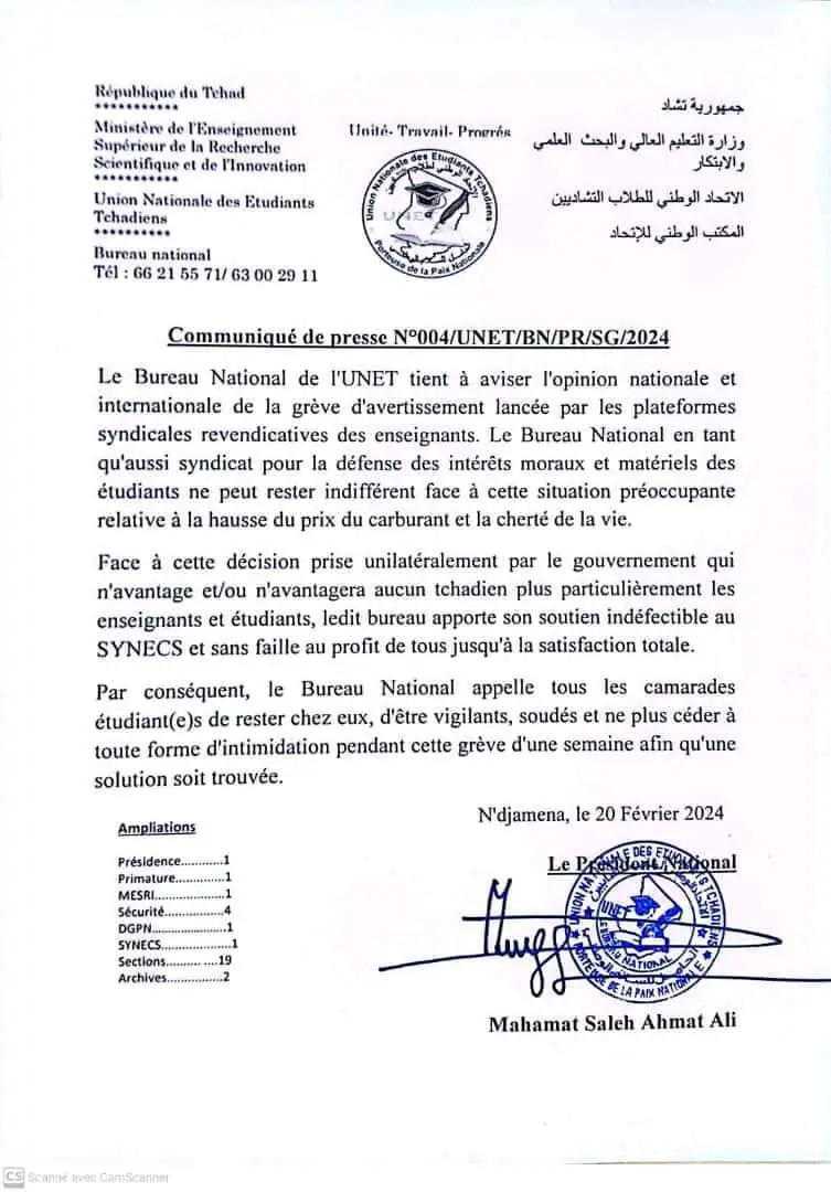 Tchad : l'UNET appelle les étudiants à se joindre au mouvement de grève