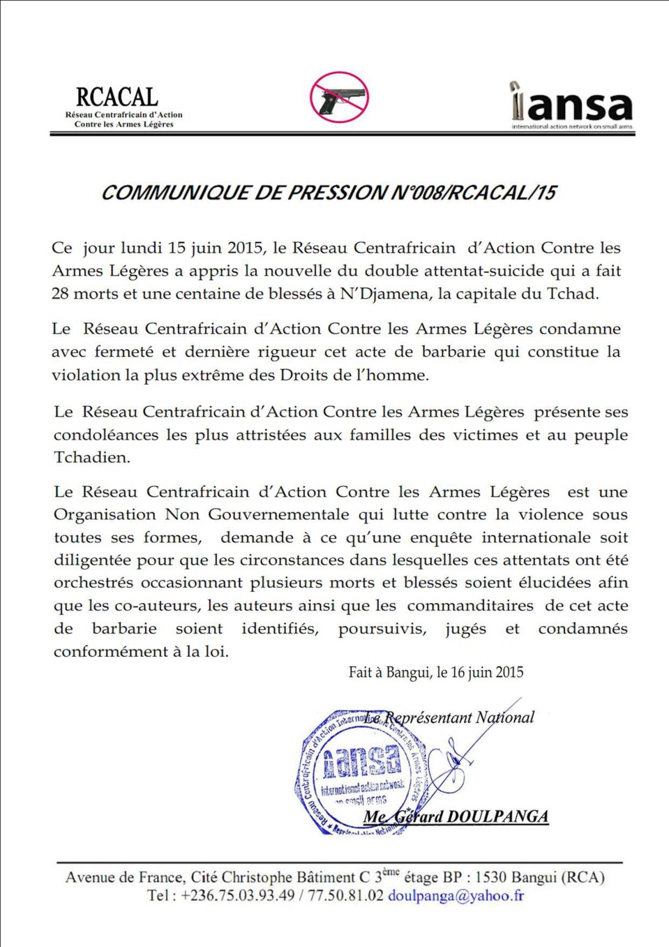 Le Réseau Centrafricain d'Action Contre les Armes Légères condamne les attentats de N’Djamena 