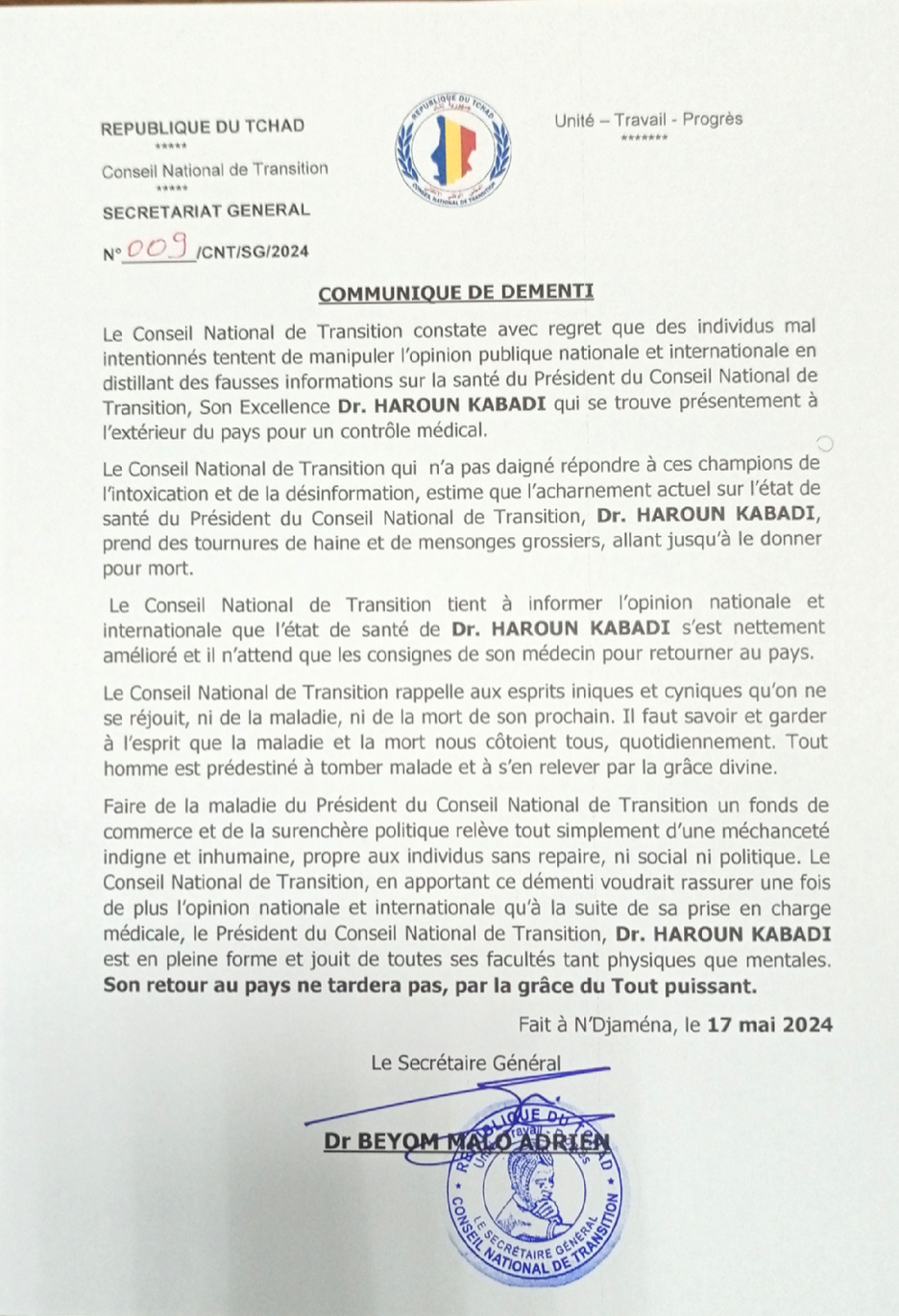 Tchad : le CNT dément les rumeurs sur l'état de santé de Dr. Haroun Kabadi