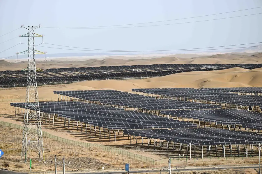 This photo taken on March 3, 2023 shows a view of the photovoltaic power base in Dalad Banner, Erdos, north China's Inner Mongolia Autonomous Region. (Xinhua/Bei He)