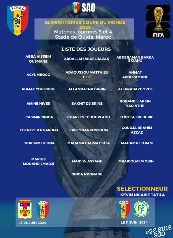 SAO du Tchad : liste des joueurs convoqués pour les éliminatoires du Mondial 2026