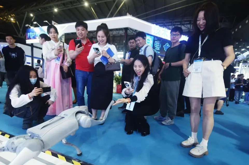 A woman interacts with a robotic dog at the 10th China (Shanghai) International Technology Fair, June 12, 2024. (Photo by Long Wei/People's Daily Online)