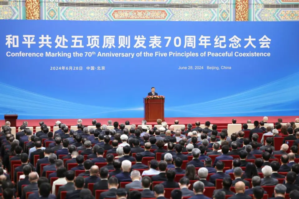 Chinese President Xi Jinping attends the Conference Marking the 70th Anniversary of the Five Principles of Peaceful Coexistence and delivers an important speech titled "Carrying Forward the Five Principles of Peaceful Coexistence and Jointly Building a Community with a Shared Future for Mankind" at the Great Hall of the People in Beijing, capital of China, June 28, 2024. (Xinhua/Ding Haitao)