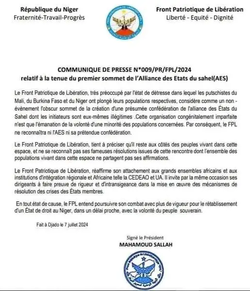 Niger: Le Front patriotique pour la Libération (FPL) rejette l'AES et soutient la CEDEAO