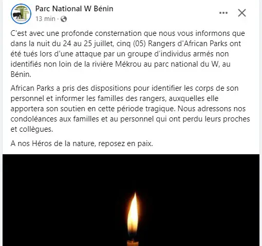 Bénin : Le Parc National du W confirme l’assassinat de cinq de ses Rangers