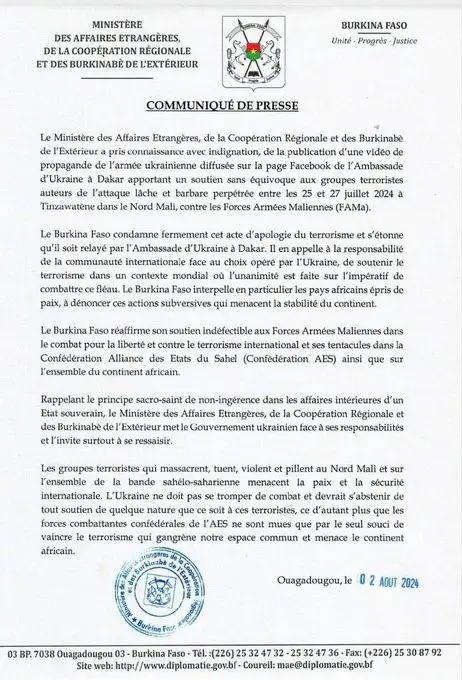 Burkina Faso : Accusations graves contre l'Ukraine de soutien aux terroristes au Mali