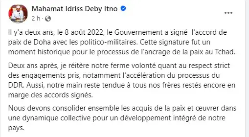 Tchad - Deux ans après Doha : le Président Deby réaffirme son engagement pour la paix