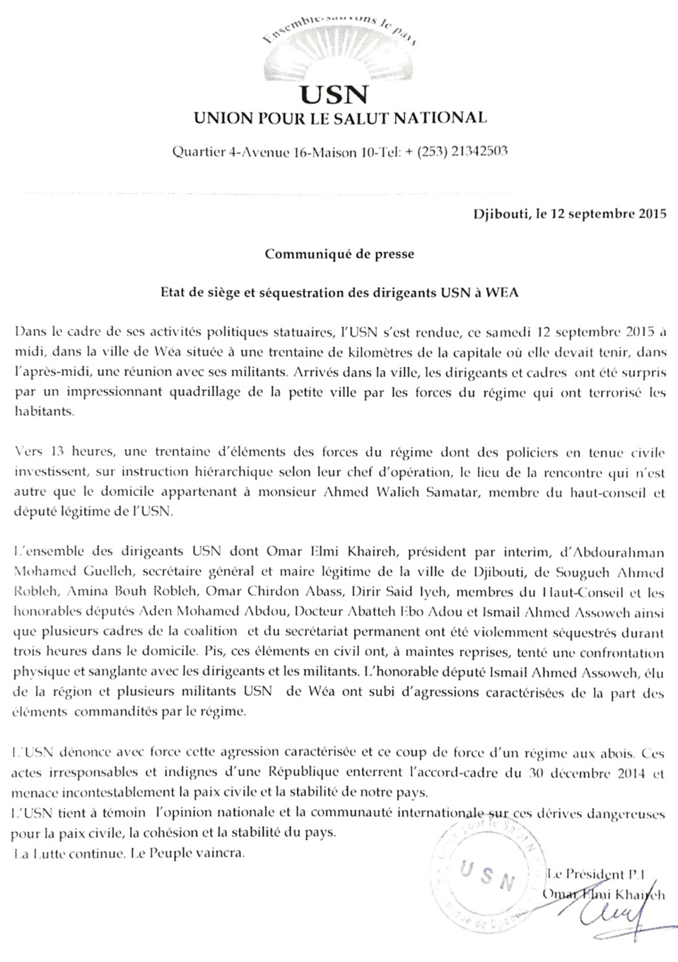 DJIBOUTI : Etat de siège et séquestration des dirigeants USN à Wéa