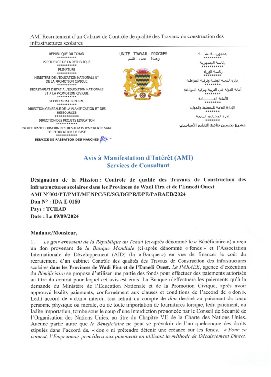 Tchad : Avis à manifestation d’intérêt du Projet PARAEB pour des services de consultance (contrôle de qualité de travaux)