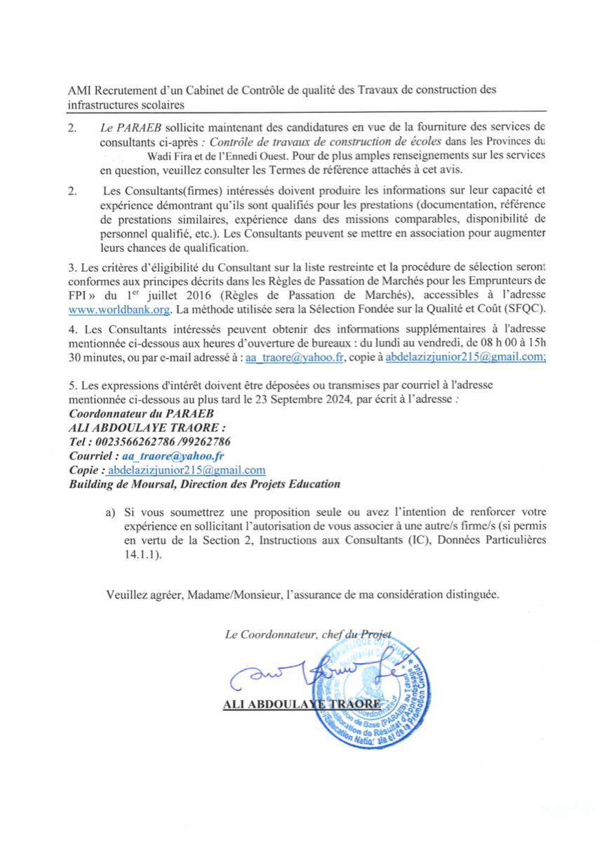 Tchad : Avis à manifestation d’intérêt du Projet PARAEB pour des services de consultance (contrôle de qualité de travaux)