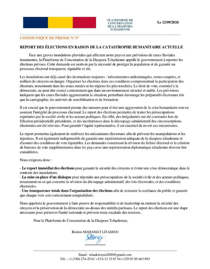 Tchad : Face aux inondations historiques, la PCDT appelle au report des élections