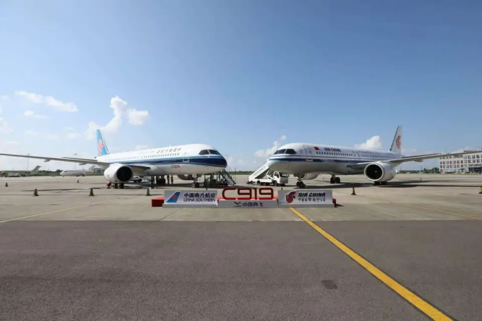 Air China and China Southern Airlines both receive their first C919 aircraft at the Commercial Aircraft Corporation of China final assembly center in Shanghai's Pudong district, Aug. 28. (Photo by Hua Siqing)