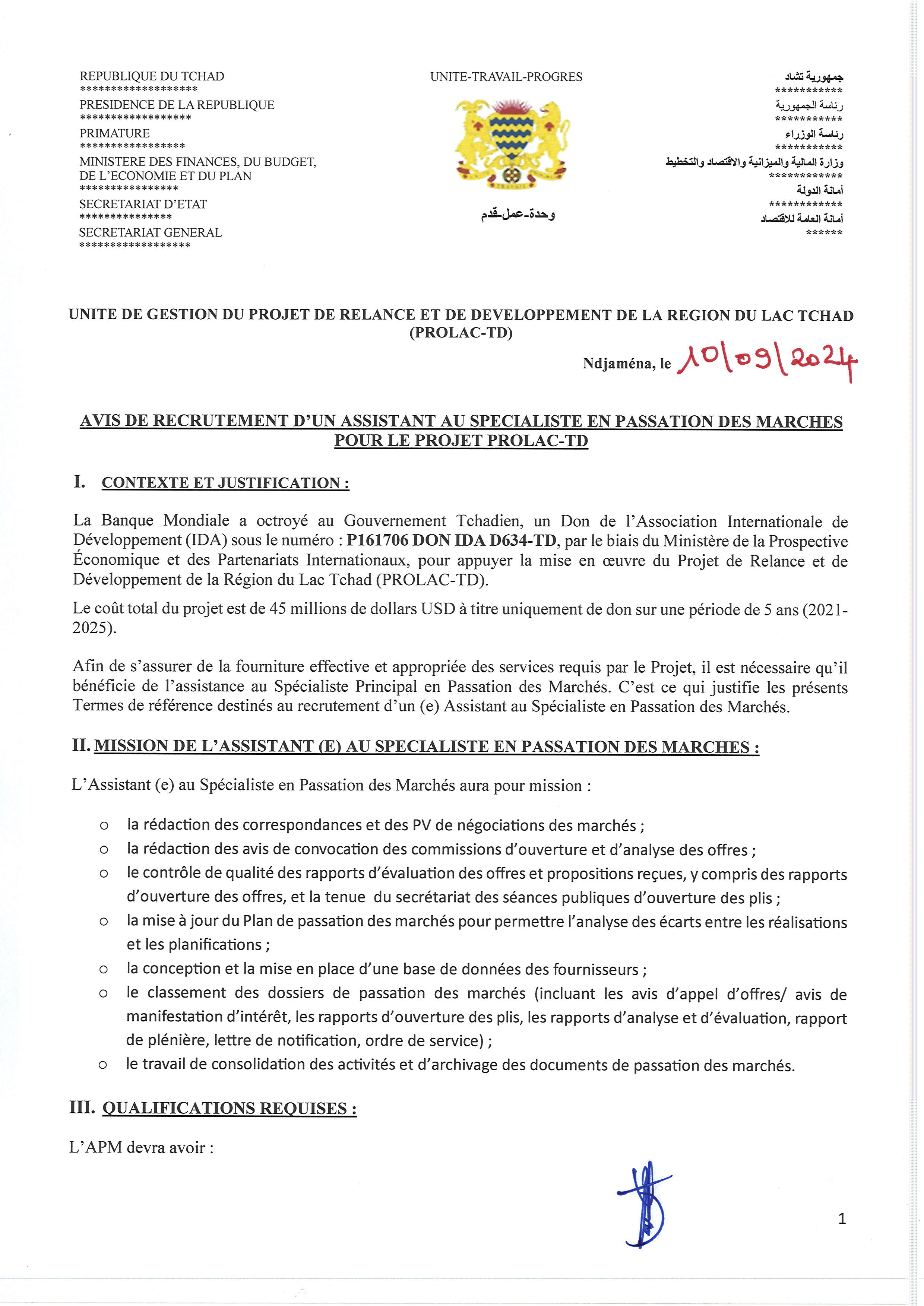 Tchad : Avis de recrutement d'un(e) Assistant(e) au Spécialiste en Passation des Marchés pour le projet PROLAC-TD