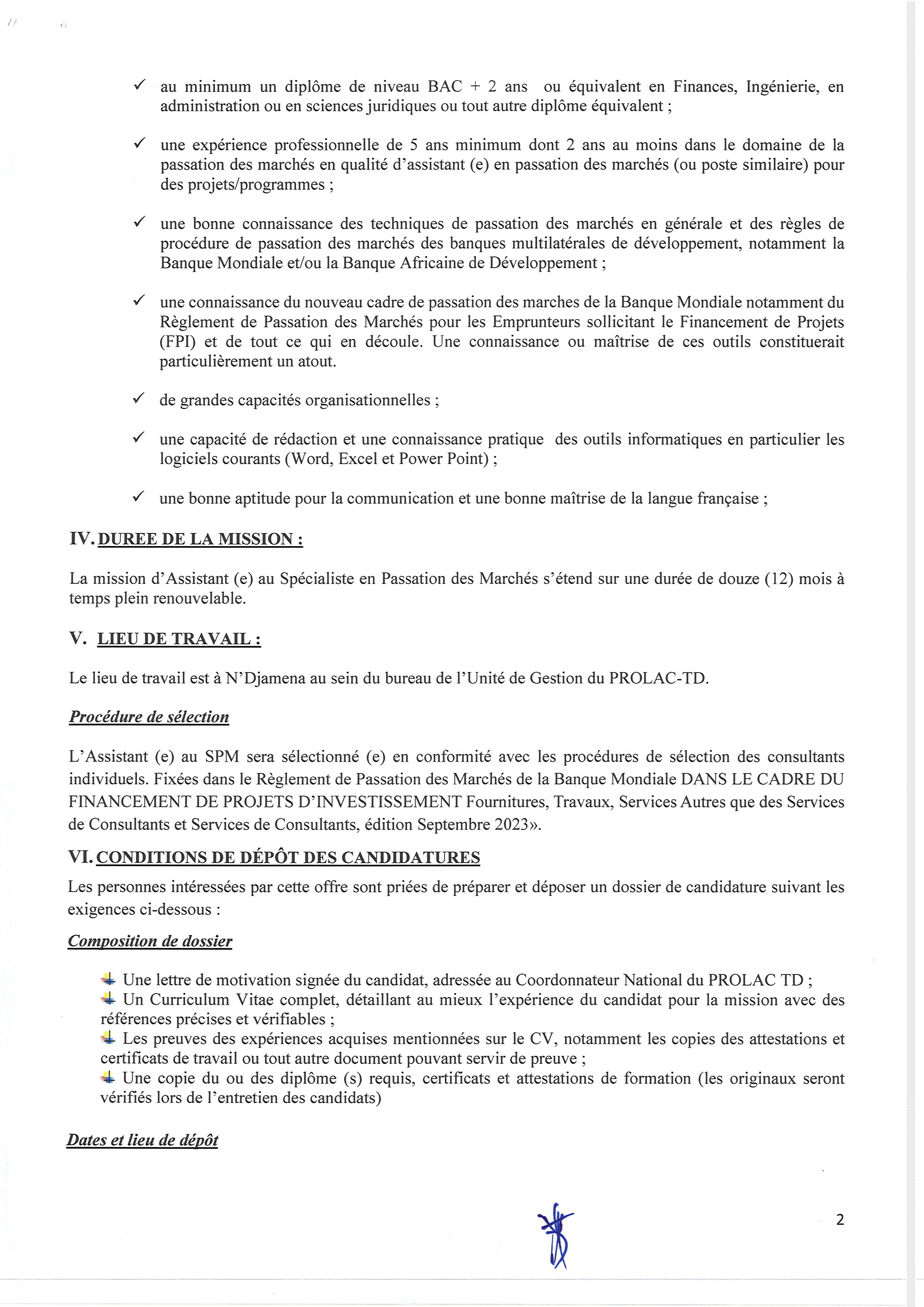 Tchad : Avis de recrutement d'un(e) Assistant(e) au Spécialiste en Passation des Marchés pour le projet PROLAC-TD