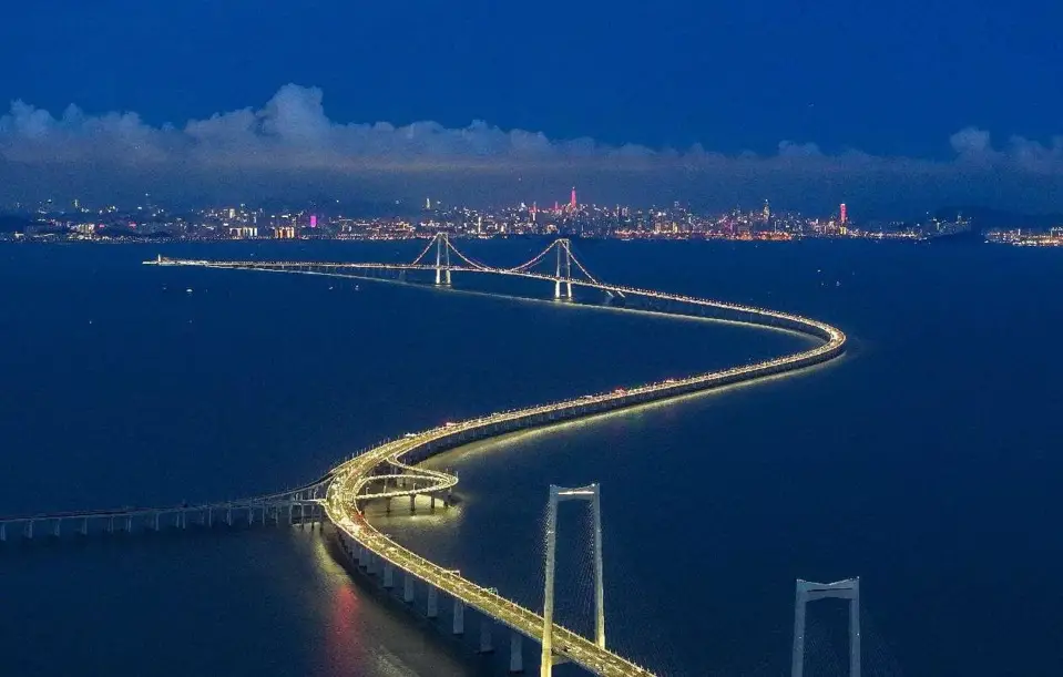 Photo shows a night view of the Shenzhen-Zhongshan Link. (Photo by Wang Meiyan/People's Daily Online)