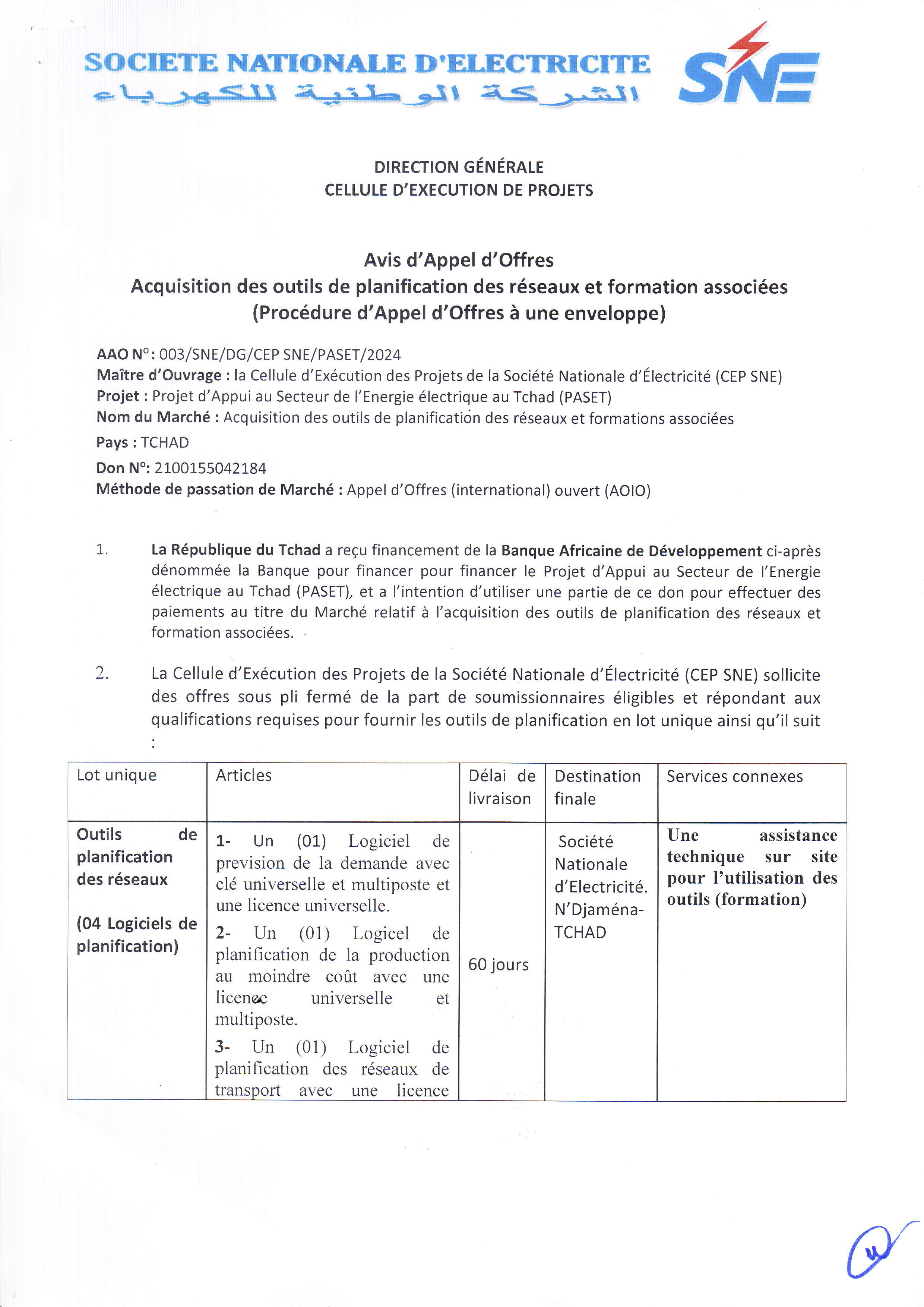 Tchad : Avis d'Appel d'Offres portant sur l'acquisition des outils de planification des réseaux et formations associés (Projet PASET)