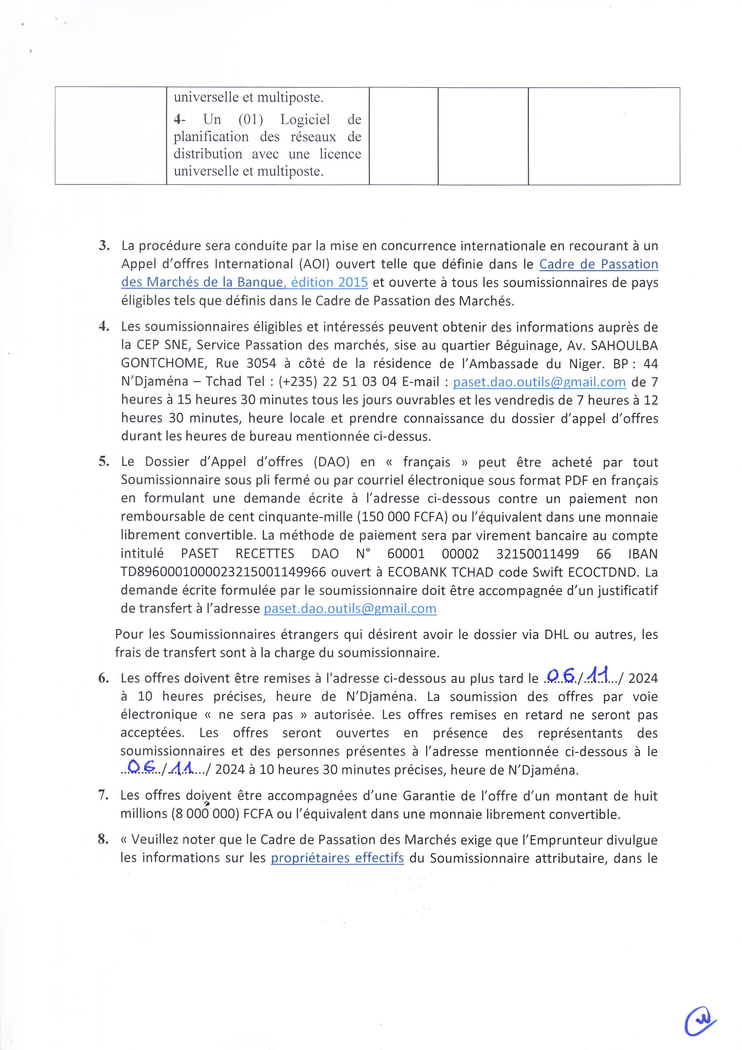 Tchad : Avis d'Appel d'Offres portant sur l'acquisition des outils de planification des réseaux et formations associés (Projet PASET)