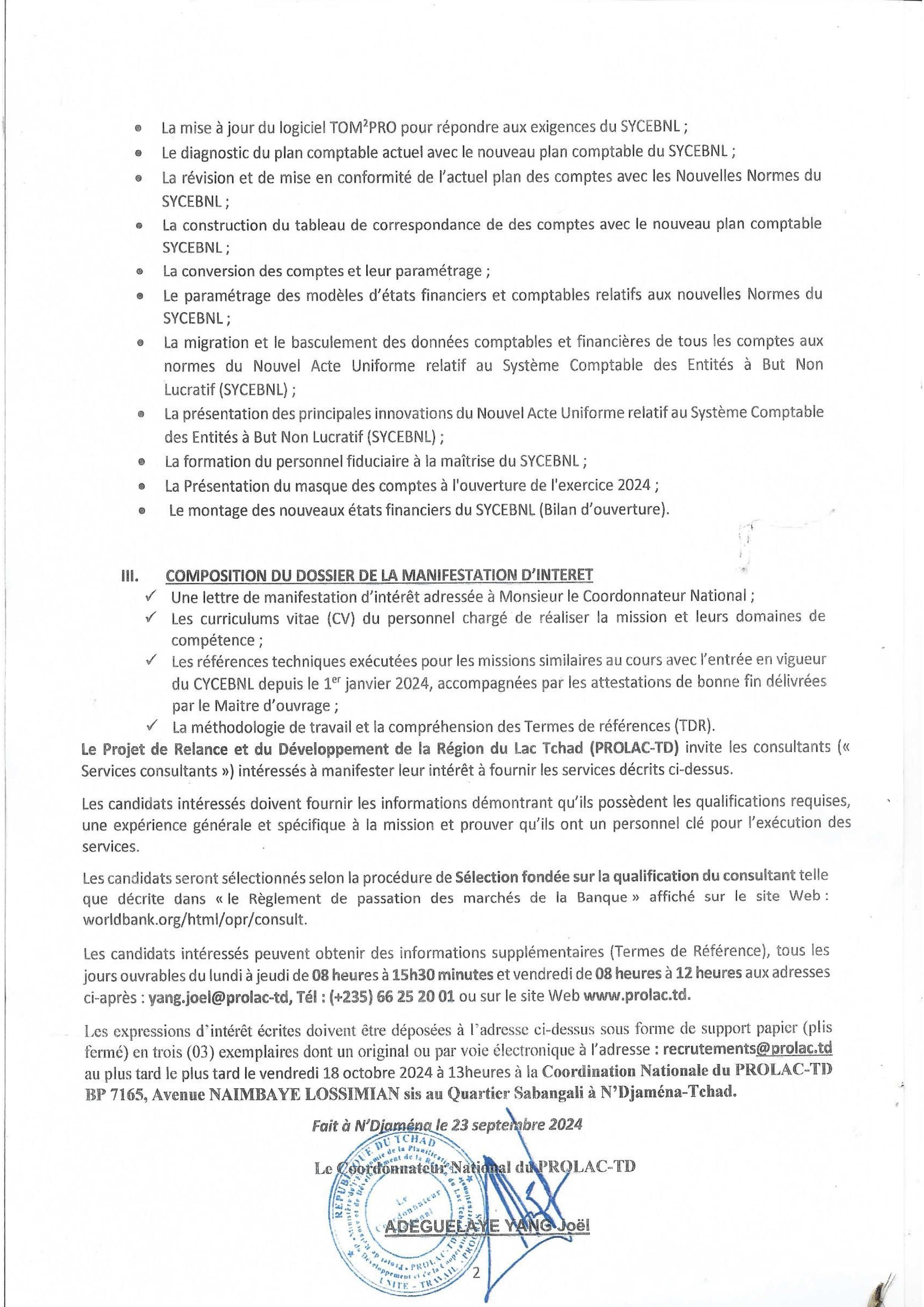 Tchad : Recrutement d'un Consultant (Cabinet) pour la mise à jour du logiciel TOM2PRO (AMI n°237 du Projet PROLAC-TD)