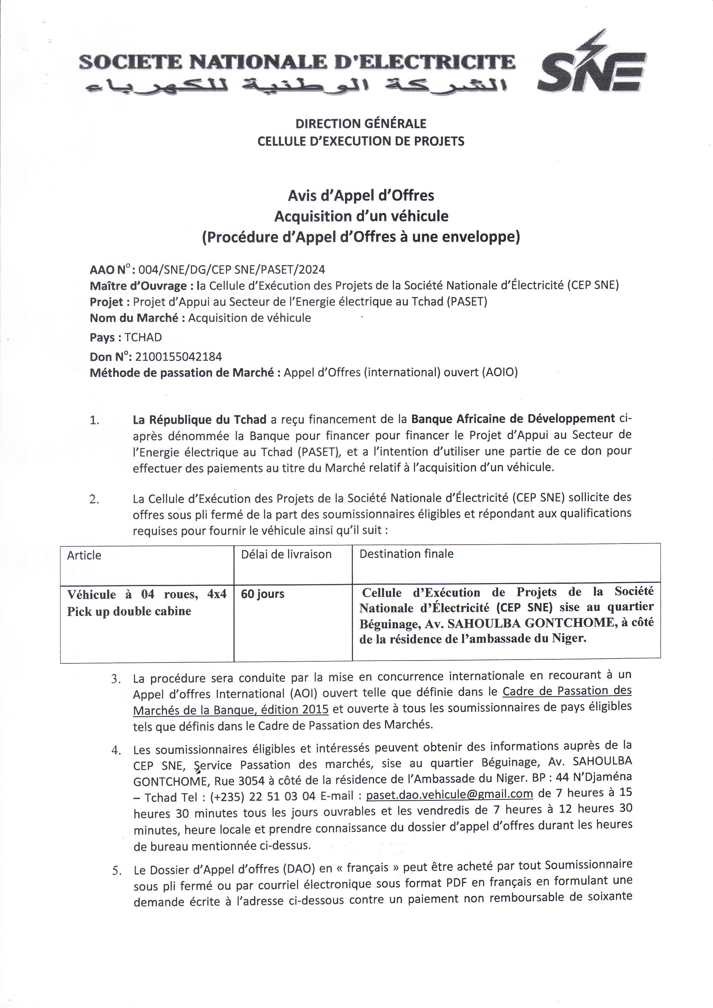 Tchad : AAIO portant sur l'acquisition d'un véhicule 4x4 (Projet PASET)