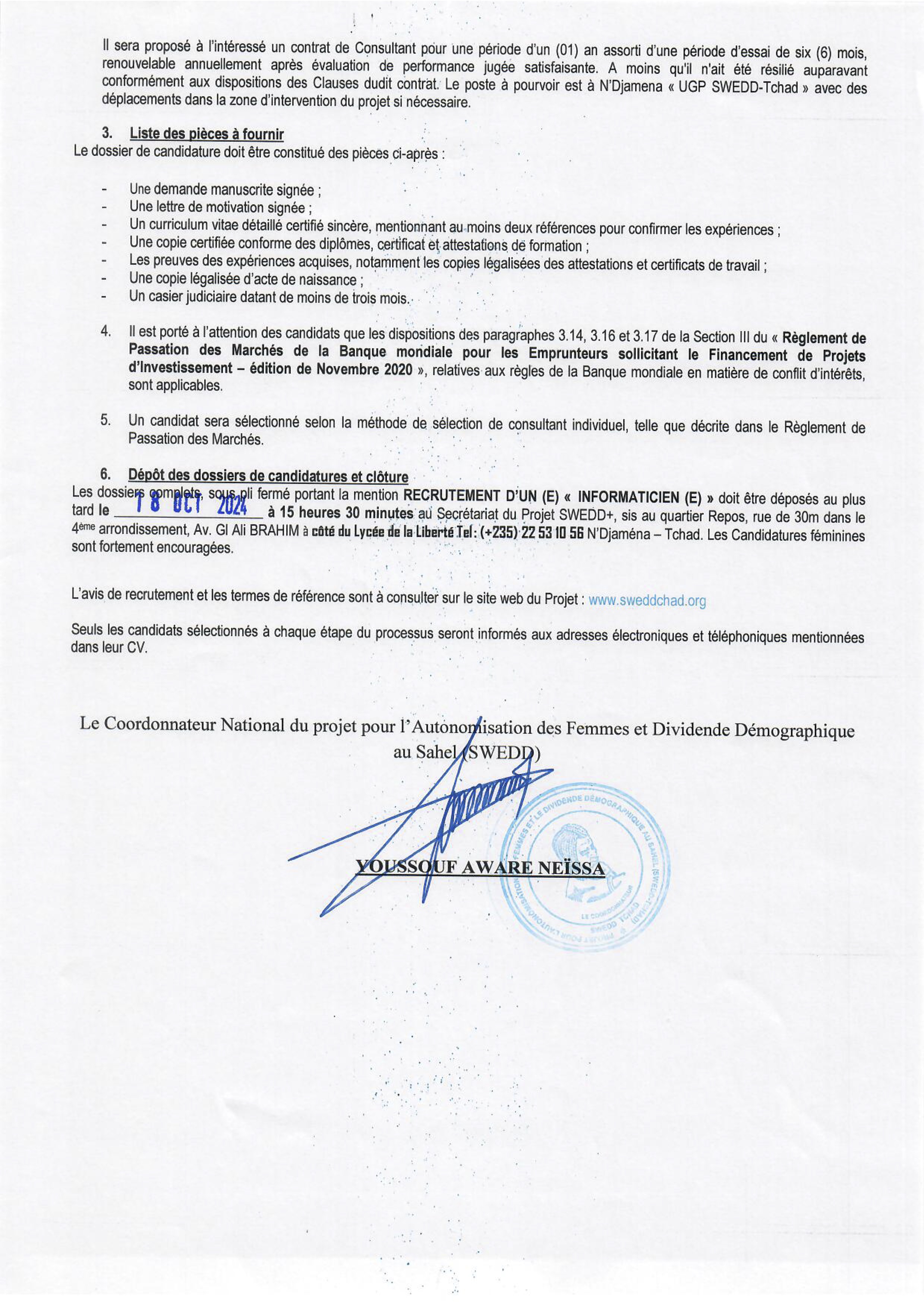 Tchad : Avis de recrutement d'un(e) Informaticien(ne) pour le Projet SWEDD+