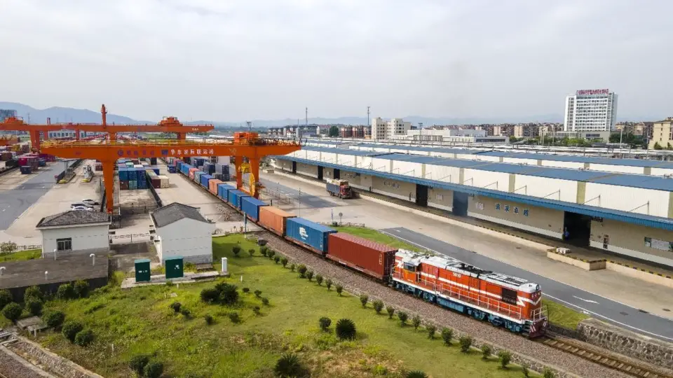 A China-Europe railway express fully loaded with cargos departs from the southern railway freight yard of the East China International Combined Transport Port (ICTP) in Jindong district, Jinhua city, east China's Zhejiang province, to Budapest, Hungary, July 9, 2024. (Photo by Hu Xiaofei/People's Daily Online)