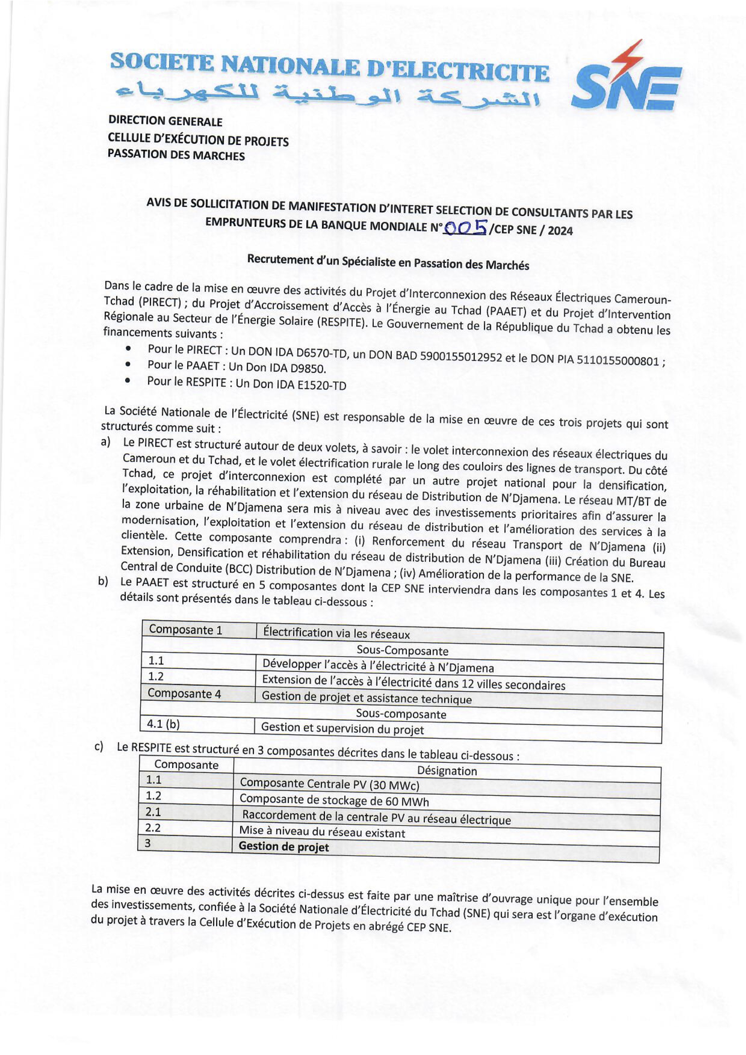 Tchad : Recrutement d'un Spécialiste en Passation des Marchés des Projets PIRECT, PAAET et RESPITE (CEP-SNE)