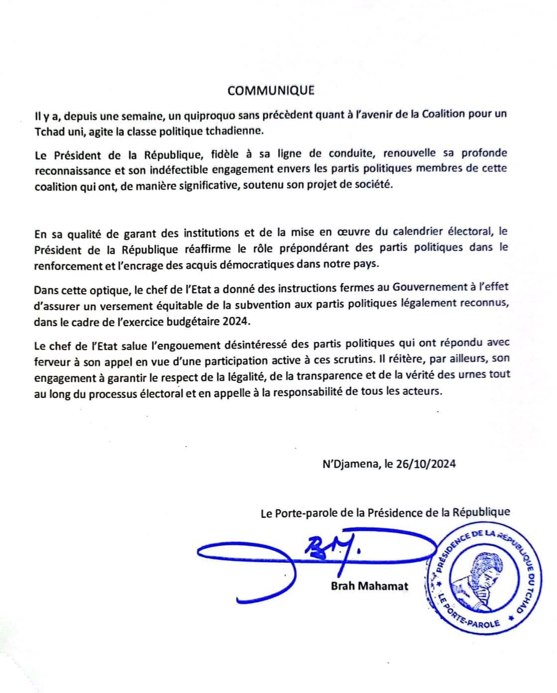 Coalition pour Un Tchad Uni : "un quiproquo sans précédent agite la classe politique" (Présidence)