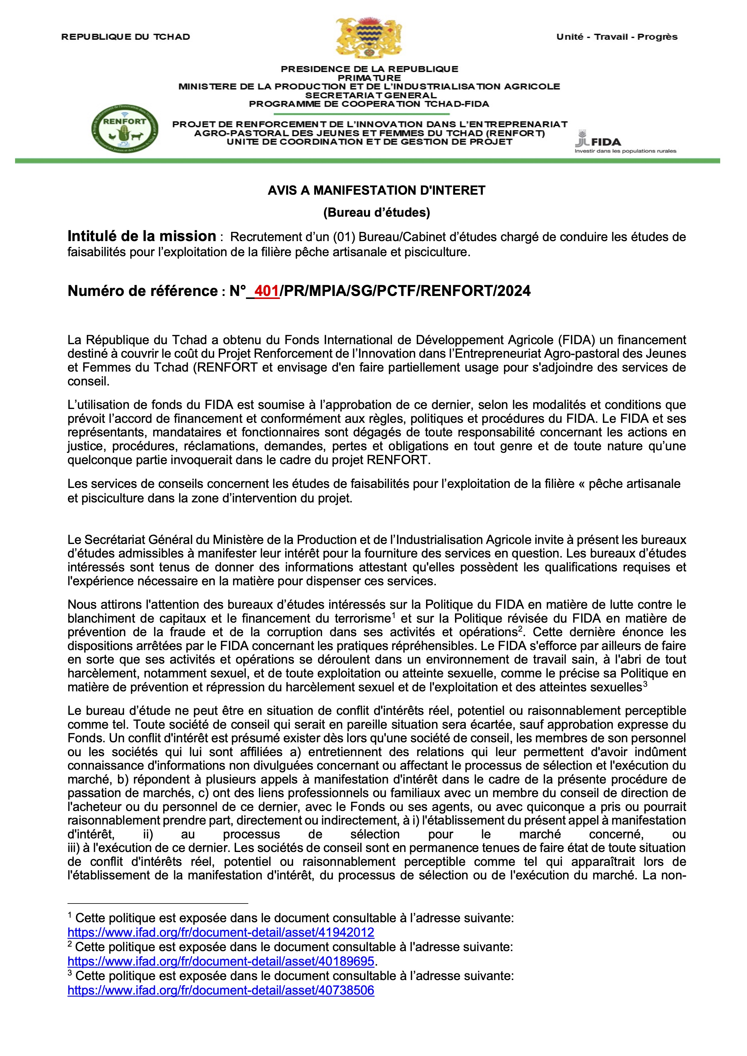 Tchad : Recrutement d'un Bureau d'études chargé de conduire les études de faisabilités dans la filière pêche et pisciculture (RENFORT)