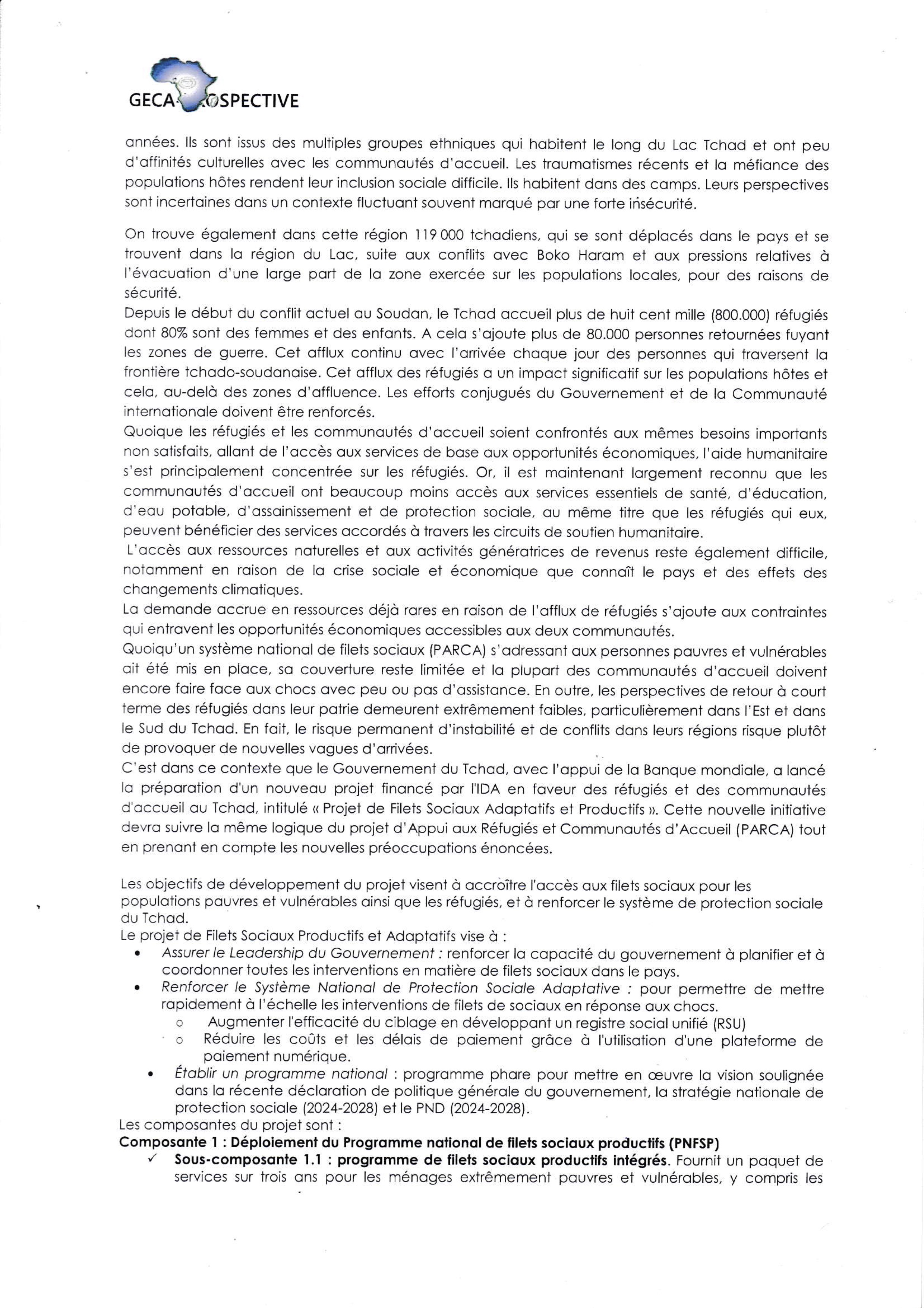 Tchad : Le Cabinet GECA-PROSPECTIVE recrute quatre (04) postes pour le compte du Projet Filets Sociaux Productifs et Adaptatifs au Tchad