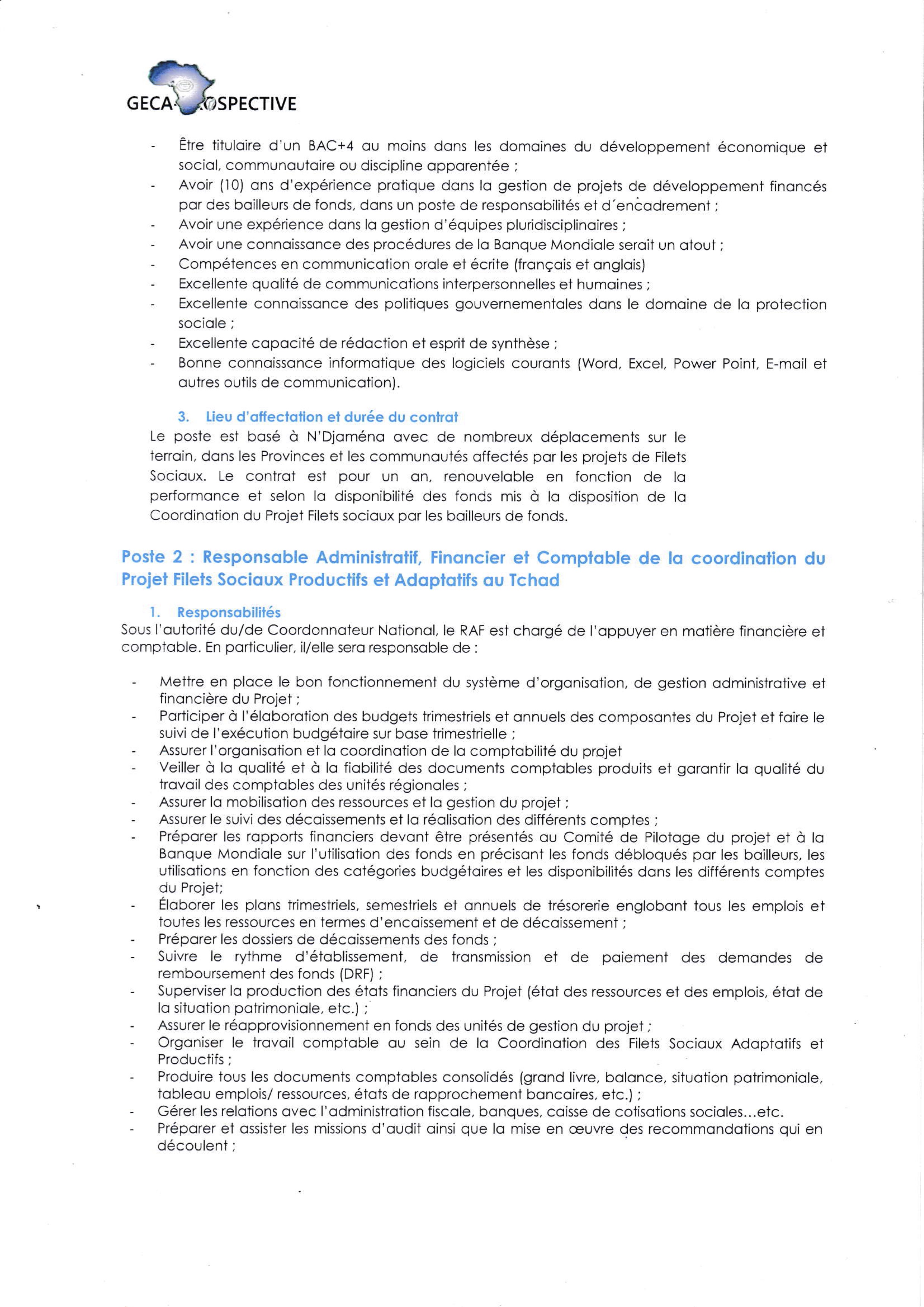 Tchad : Le Cabinet GECA-PROSPECTIVE recrute quatre (04) postes pour le compte du Projet Filets Sociaux Productifs et Adaptatifs au Tchad