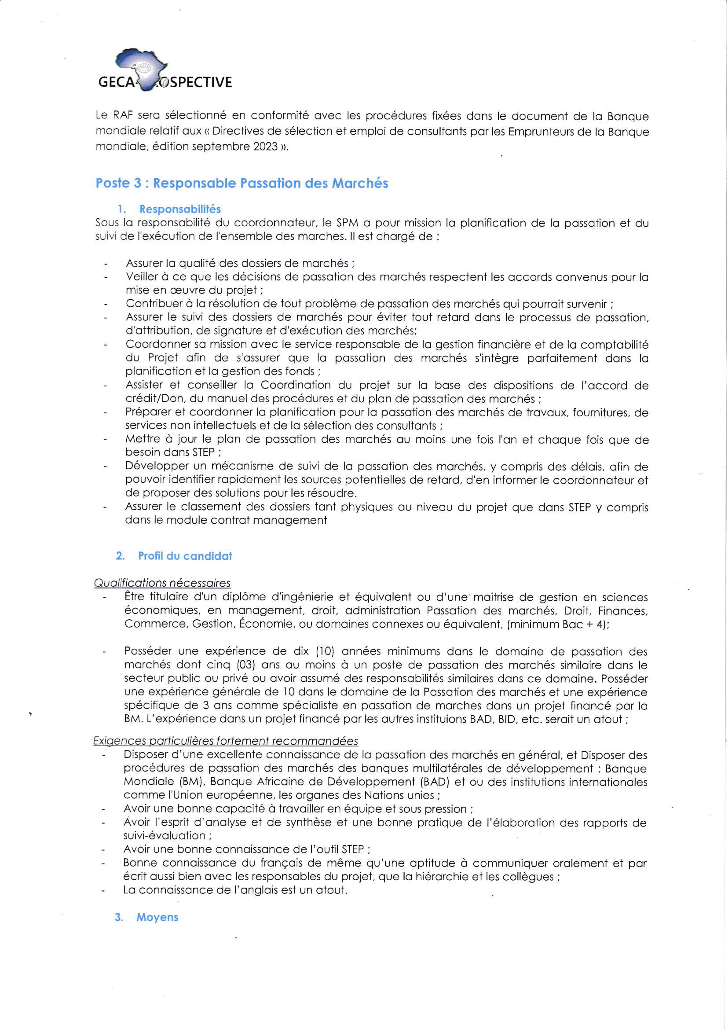 Tchad : Le Cabinet GECA-PROSPECTIVE recrute quatre (04) postes pour le compte du Projet Filets Sociaux Productifs et Adaptatifs au Tchad