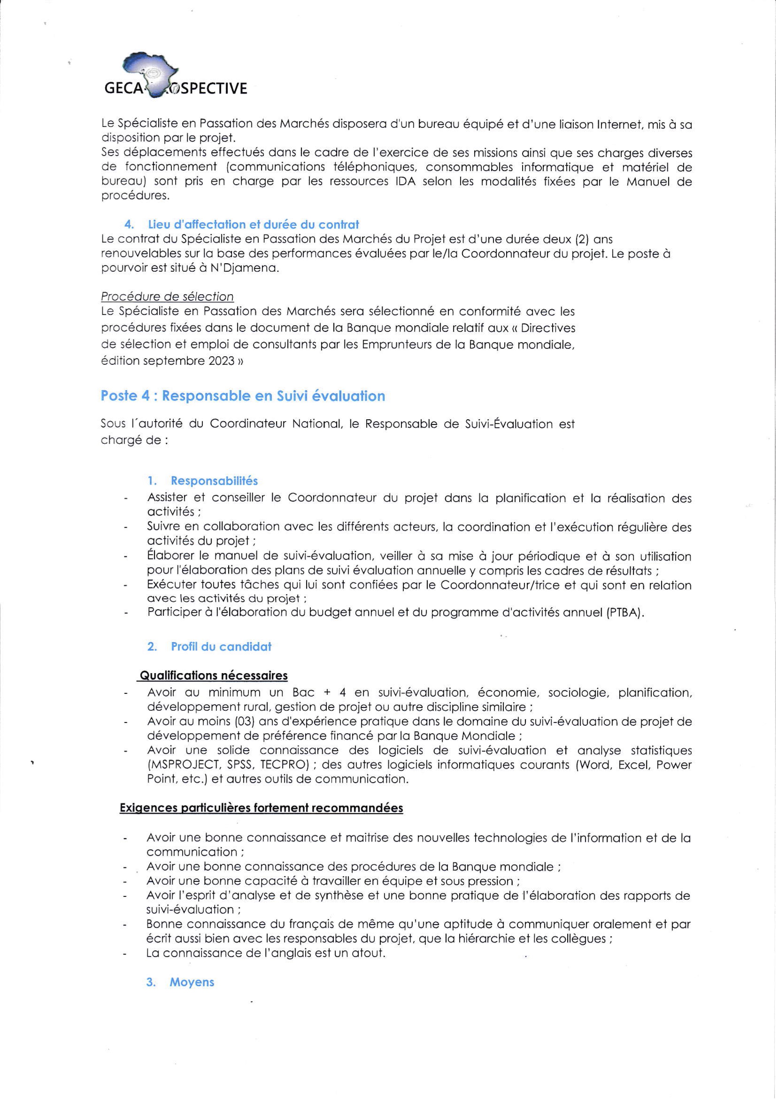 Tchad : Le Cabinet GECA-PROSPECTIVE recrute quatre (04) postes pour le compte du Projet Filets Sociaux Productifs et Adaptatifs au Tchad