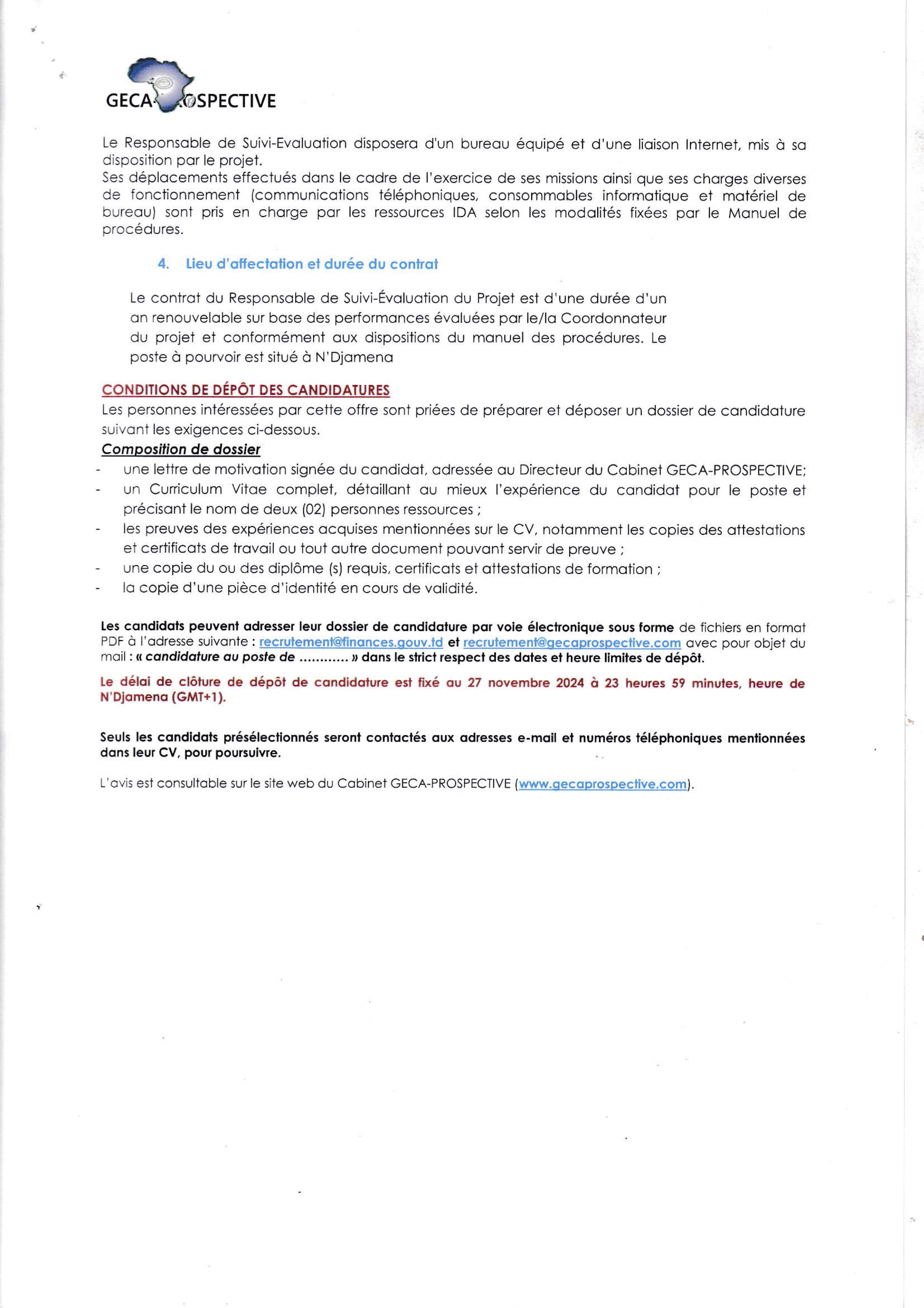 Tchad : Le Cabinet GECA-PROSPECTIVE recrute quatre (04) postes pour le compte du Projet Filets Sociaux Productifs et Adaptatifs au Tchad